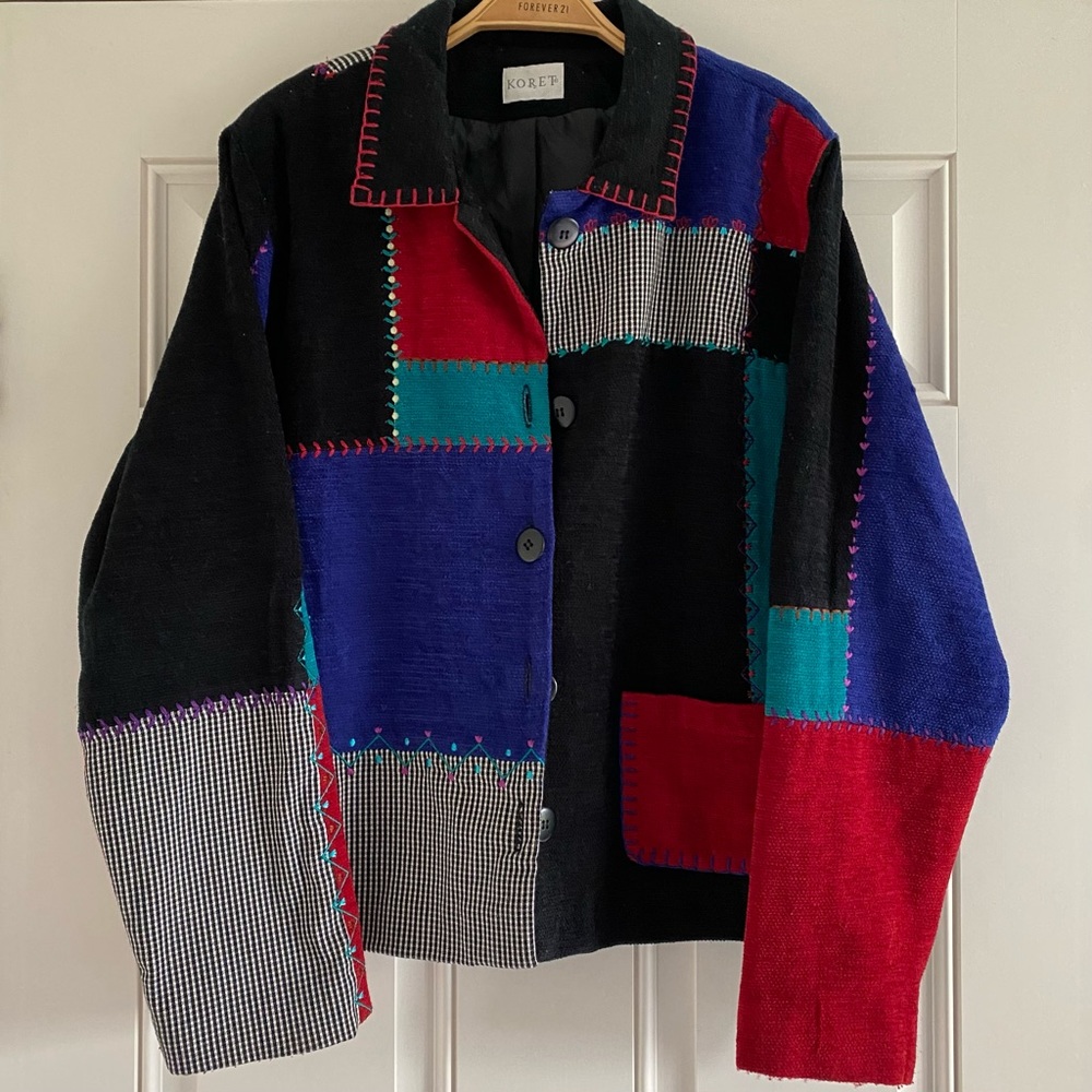 Vintage 80s Koret Patchwork Blazer Jacket Lightweight Black Blue Red Plaid Large